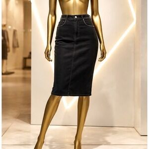 Zara Black Studded Denim Midi Skirt High Waisted Back Slit Size L, Lightly Used